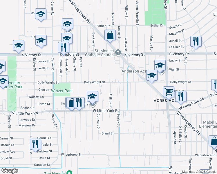 map of restaurants, bars, coffee shops, grocery stores, and more near 7322 Phillips Street in Houston