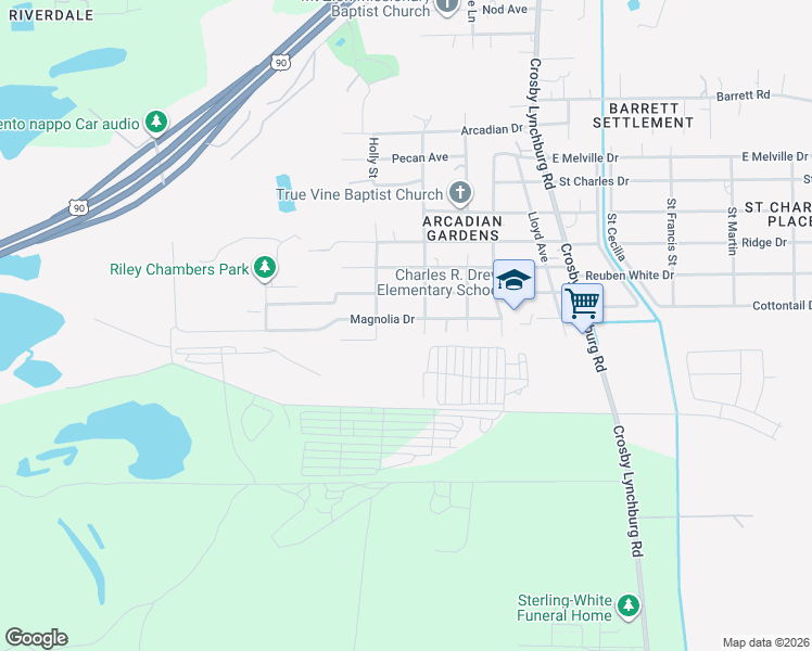 map of restaurants, bars, coffee shops, grocery stores, and more near 509 Magnolia Drive in Crosby