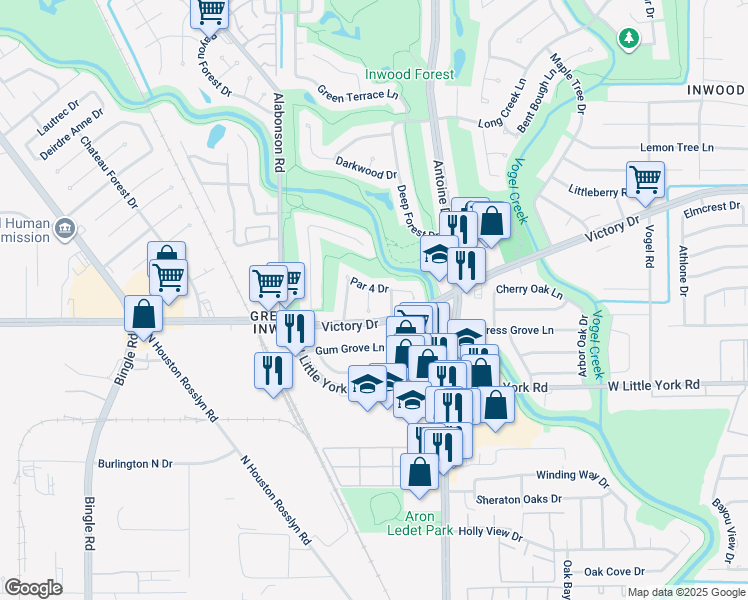 map of restaurants, bars, coffee shops, grocery stores, and more near 7218 Fairway Court in Houston
