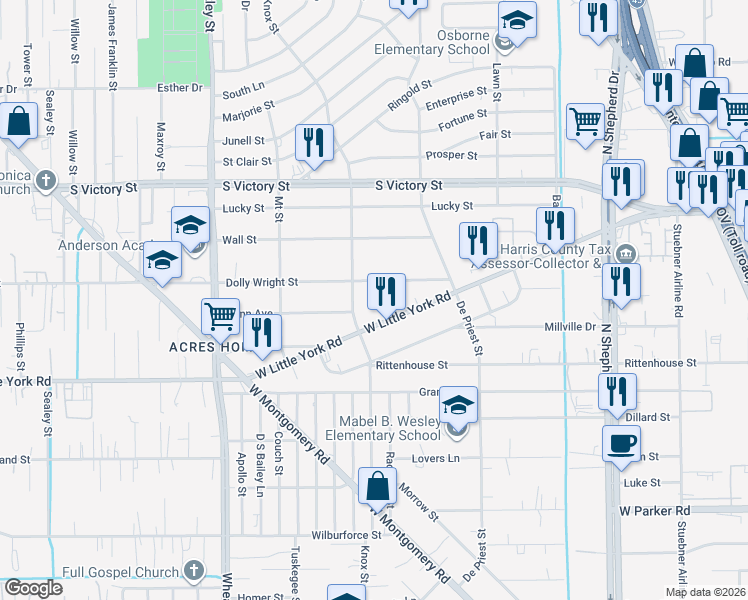 map of restaurants, bars, coffee shops, grocery stores, and more near 7319 Alba Street in Houston