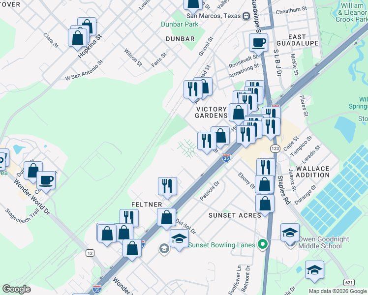 map of restaurants, bars, coffee shops, grocery stores, and more near 1506 South Interstate 35 in San Marcos