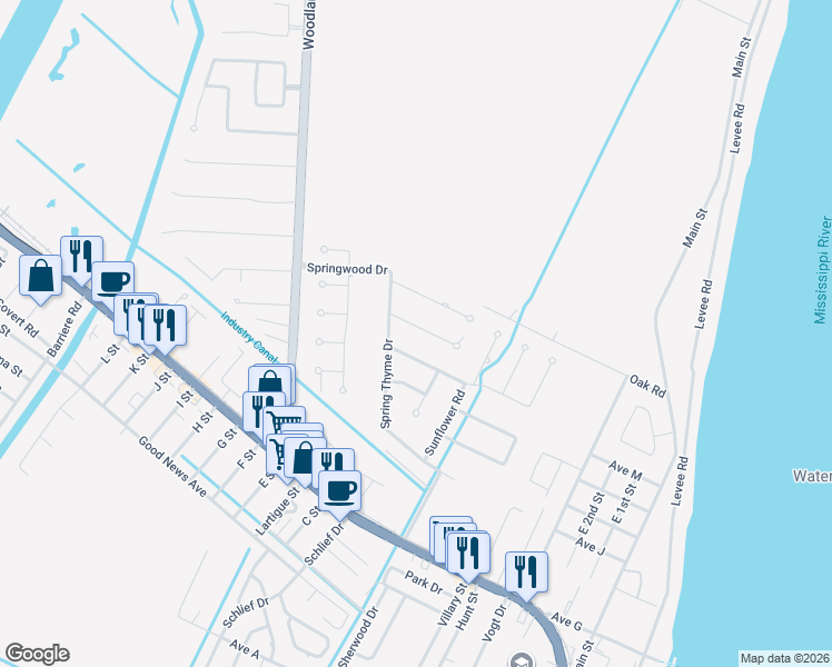 map of restaurants, bars, coffee shops, grocery stores, and more near 106 Jasmine Court in Belle Chasse