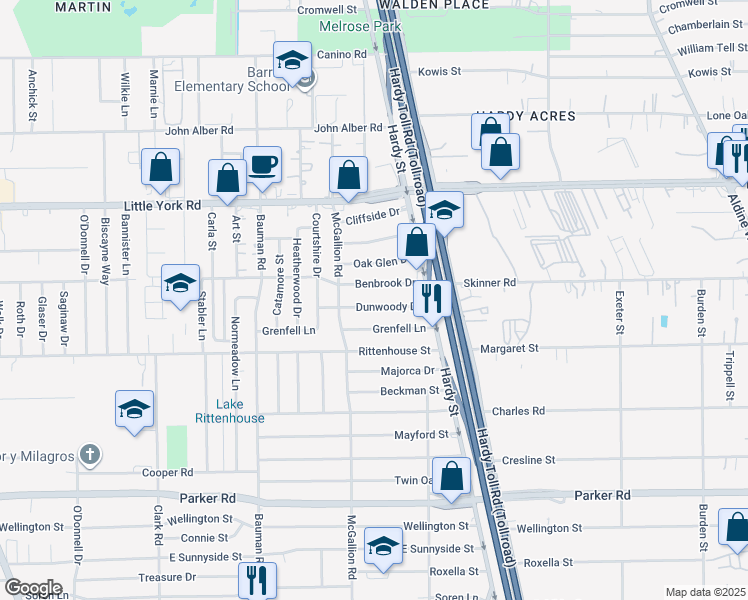 map of restaurants, bars, coffee shops, grocery stores, and more near 805 Dunwoody Drive in Houston