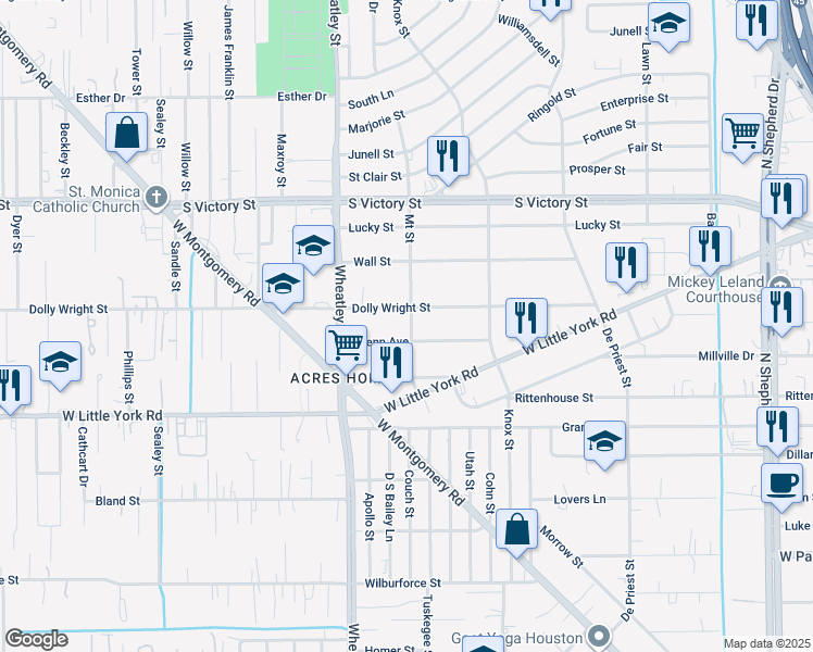 map of restaurants, bars, coffee shops, grocery stores, and more near 7309 Mount Street in Houston