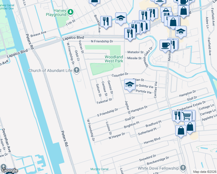 map of restaurants, bars, coffee shops, grocery stores, and more near 2648 Gemini Street in Harvey