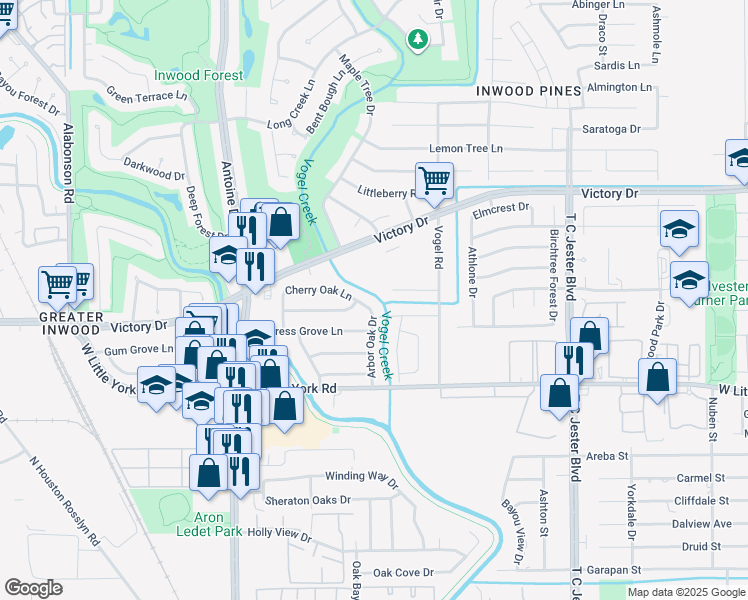 map of restaurants, bars, coffee shops, grocery stores, and more near 7210 Arbor Oak Drive in Houston