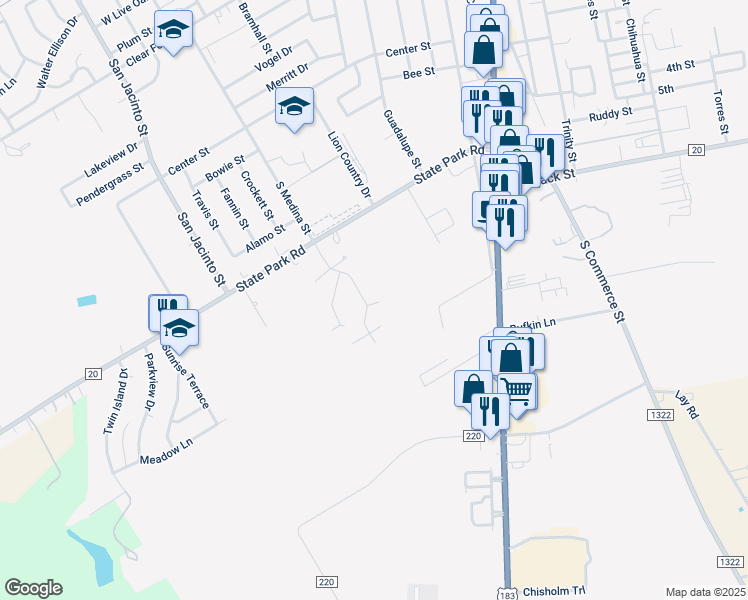 map of restaurants, bars, coffee shops, grocery stores, and more near 1514 South Medina Street in Lockhart