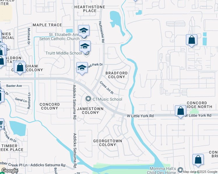 map of restaurants, bars, coffee shops, grocery stores, and more near 14718 Cross Junction Street in Houston