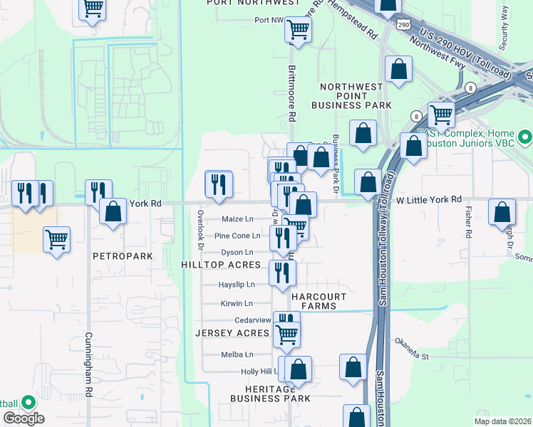 map of restaurants, bars, coffee shops, grocery stores, and more near 11014 Maize Lane in Houston