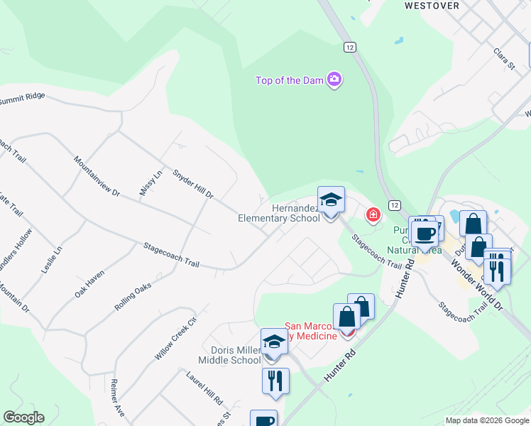 map of restaurants, bars, coffee shops, grocery stores, and more near 106 Colleen Court in San Marcos