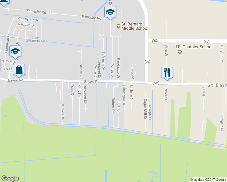 map of restaurants, bars, coffee shops, grocery stores, and more near 1900 Robert Drive in Saint Bernard