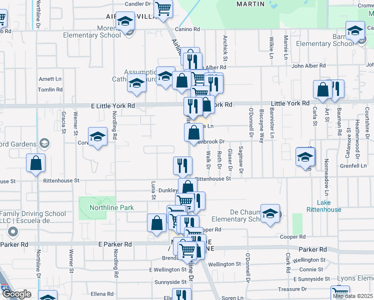 map of restaurants, bars, coffee shops, grocery stores, and more near 7213 Airline Drive in Houston