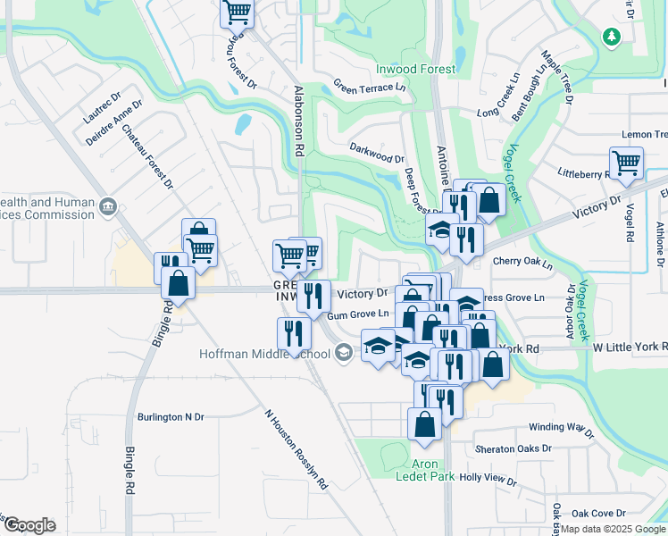 map of restaurants, bars, coffee shops, grocery stores, and more near 7215 Tall Pines Drive in Houston