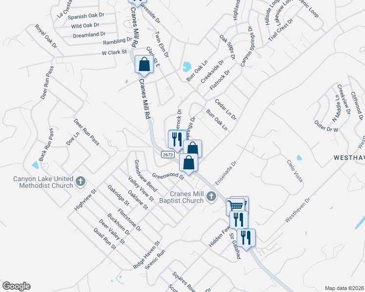 map of restaurants, bars, coffee shops, grocery stores, and more near 237 Lake Park Loop in Canyon Lake