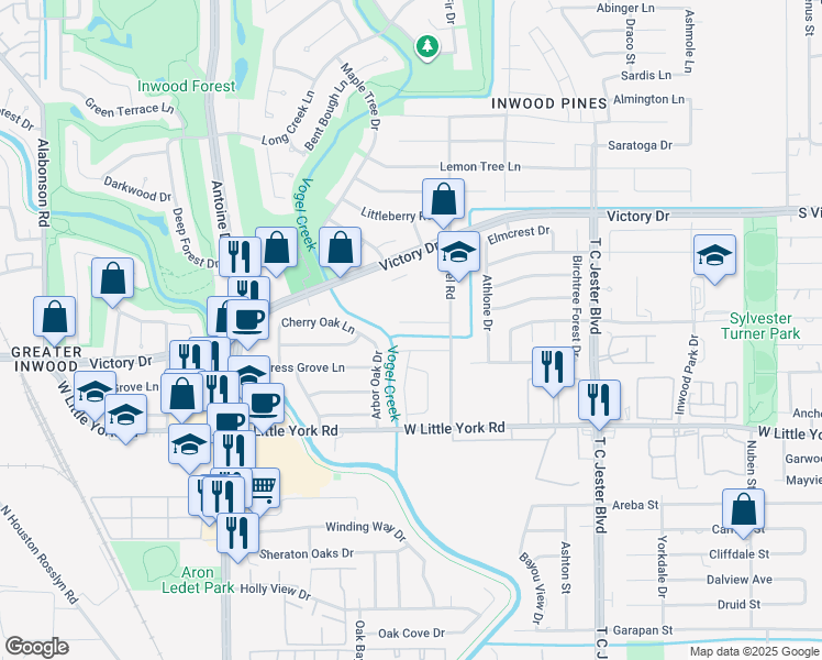 map of restaurants, bars, coffee shops, grocery stores, and more near 4127 Cherry Oak Circle in Houston