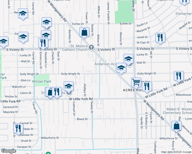 map of restaurants, bars, coffee shops, grocery stores, and more near 7344 Sandle Street in Houston