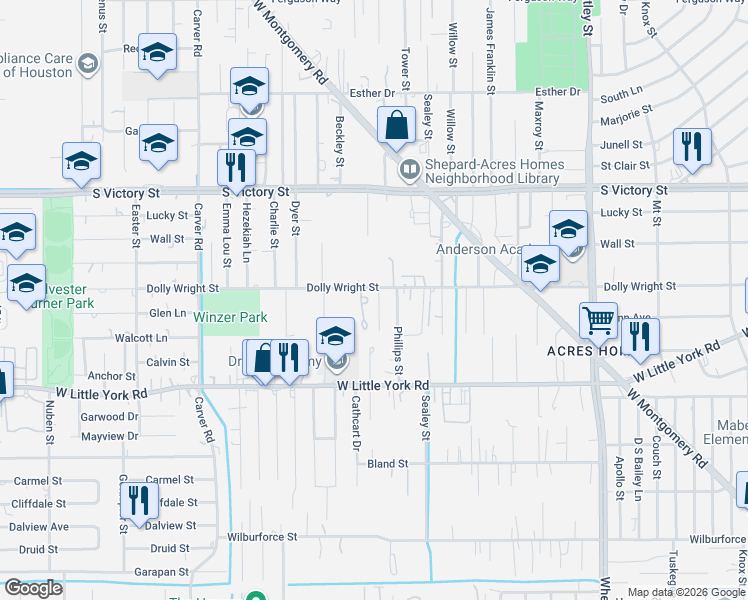 map of restaurants, bars, coffee shops, grocery stores, and more near 7333 Parkes Street in Houston