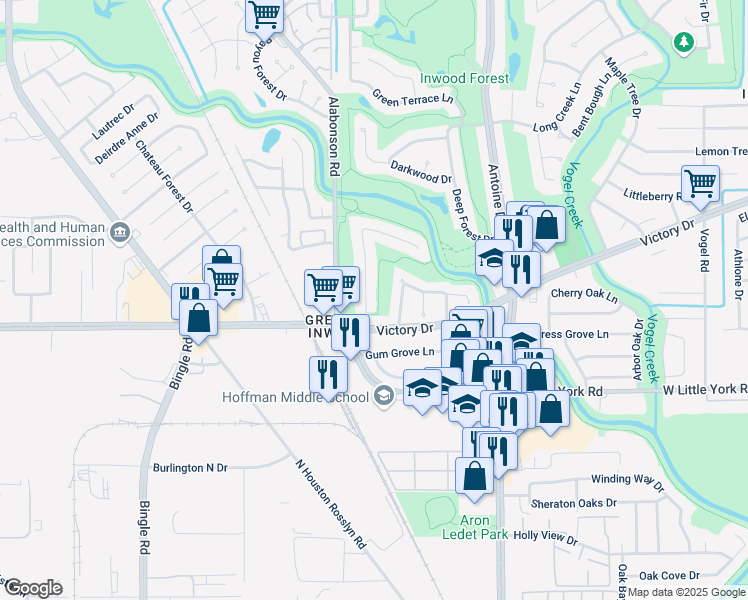 map of restaurants, bars, coffee shops, grocery stores, and more near 7215 Tall Pines Drive in Houston