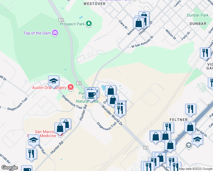 map of restaurants, bars, coffee shops, grocery stores, and more near 1951 Hunter Road in San Marcos