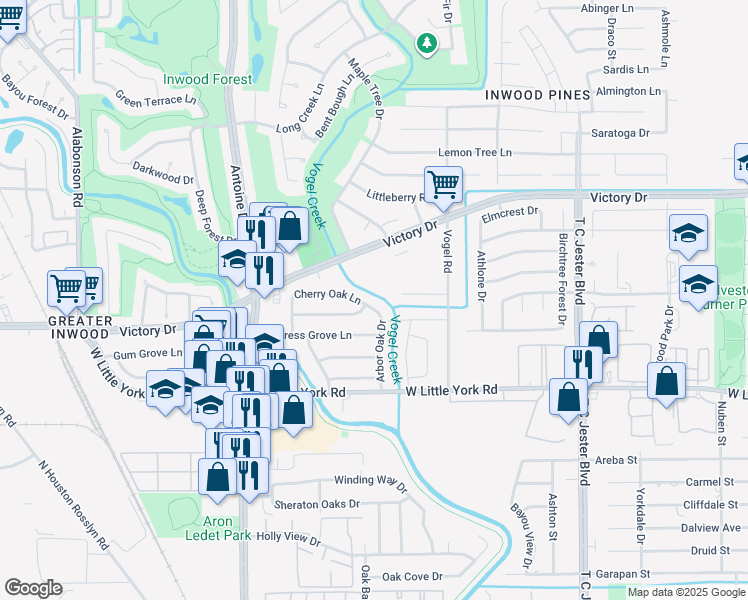 map of restaurants, bars, coffee shops, grocery stores, and more near 7210 Arbor Oak Drive in Houston