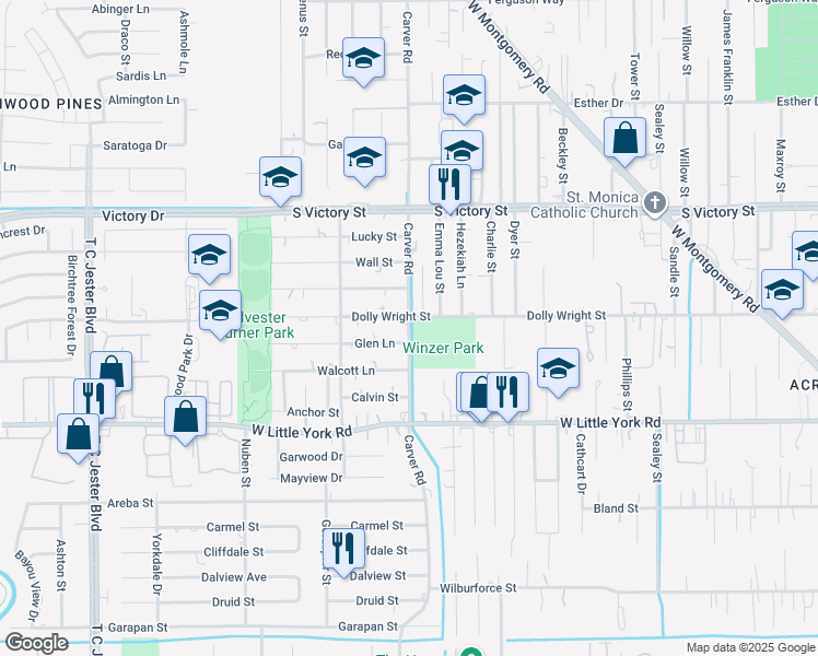 map of restaurants, bars, coffee shops, grocery stores, and more near 7300 Carver Road in Houston