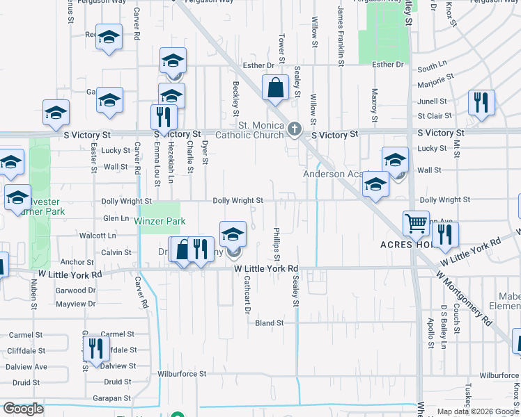 map of restaurants, bars, coffee shops, grocery stores, and more near 7333 Parkes Street in Houston