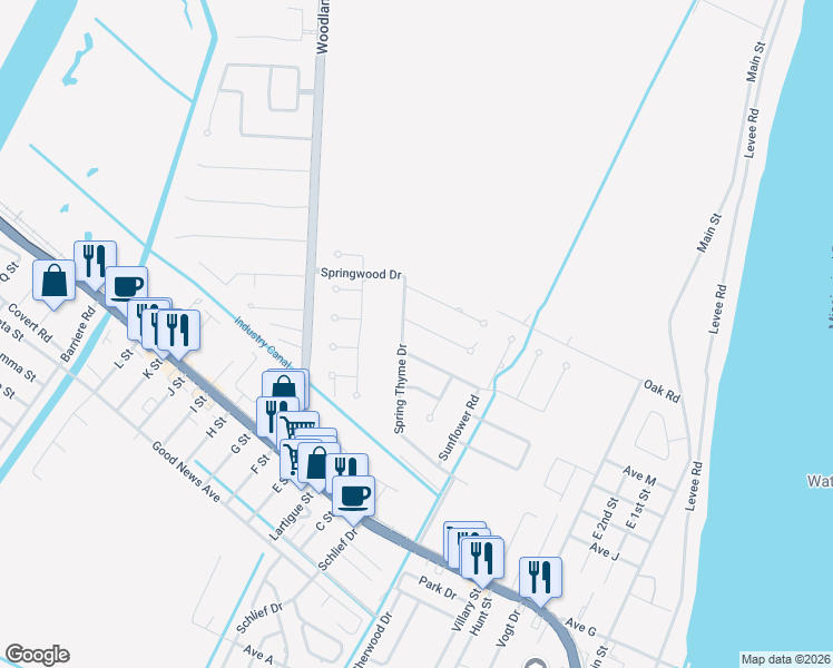 map of restaurants, bars, coffee shops, grocery stores, and more near 106 Jasmine Court in Belle Chasse