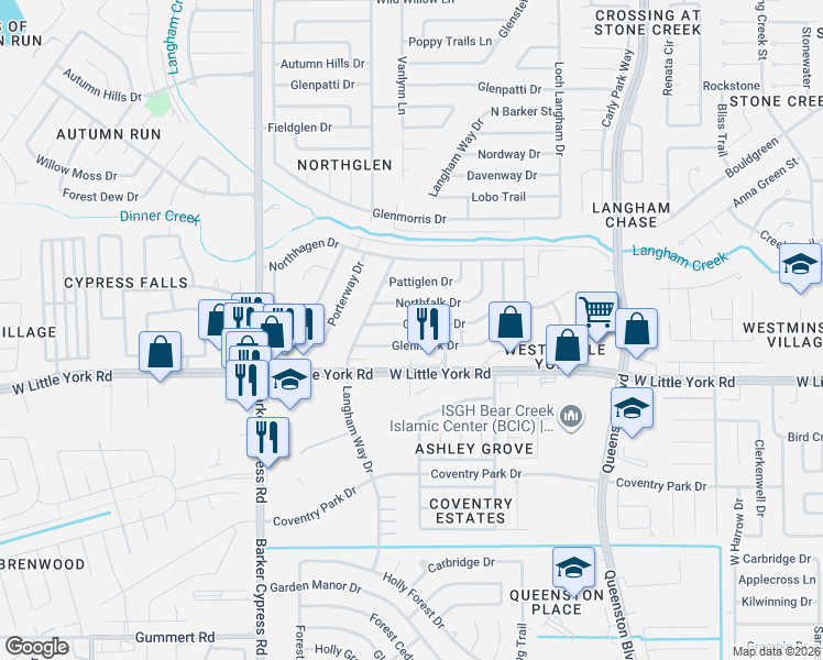 map of restaurants, bars, coffee shops, grocery stores, and more near 17630 Glenmark Drive in Houston