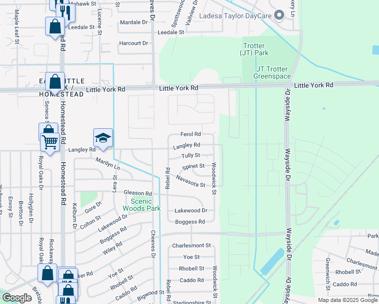 map of restaurants, bars, coffee shops, grocery stores, and more near 7633 Tully Street in Houston