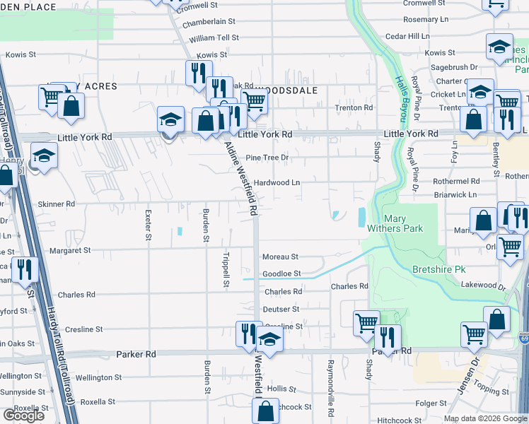 map of restaurants, bars, coffee shops, grocery stores, and more near 2314 Langley Road in Houston