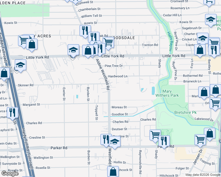 map of restaurants, bars, coffee shops, grocery stores, and more near 10545 Aldine Westfield Road in Houston