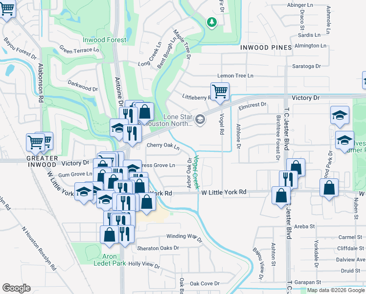 map of restaurants, bars, coffee shops, grocery stores, and more near 7210 Arbor Oak Drive in Houston
