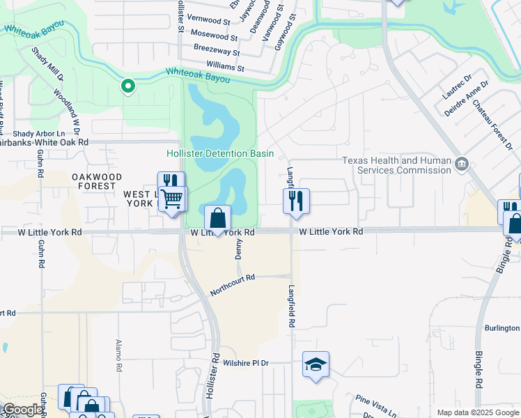 map of restaurants, bars, coffee shops, grocery stores, and more near 7310 West Little York Road in Houston
