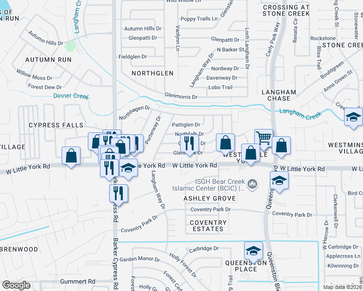 map of restaurants, bars, coffee shops, grocery stores, and more near 17630 Glenmark Drive in Houston