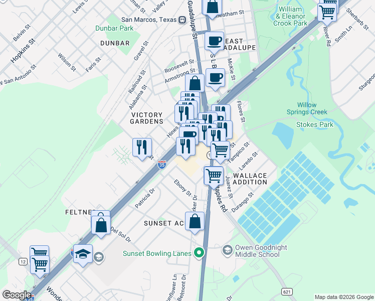 map of restaurants, bars, coffee shops, grocery stores, and more near 1303 Interstate Highway 35 South in San Marcos