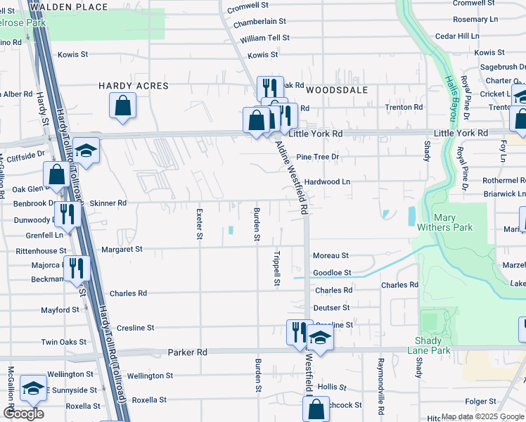 map of restaurants, bars, coffee shops, grocery stores, and more near 2105 Skinner Road in Houston