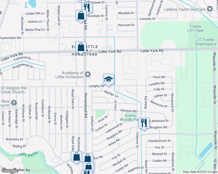 map of restaurants, bars, coffee shops, grocery stores, and more near 7300 Langley Road in Houston