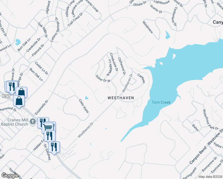 map of restaurants, bars, coffee shops, grocery stores, and more near 107 Outer Drive West in Canyon Lake