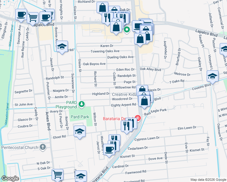 map of restaurants, bars, coffee shops, grocery stores, and more near 5072 Highland Drive in Marrero