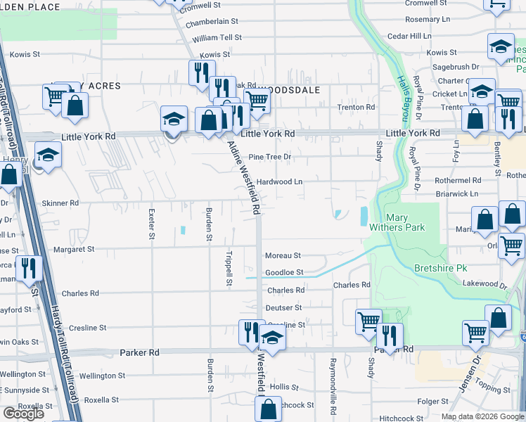 map of restaurants, bars, coffee shops, grocery stores, and more near 10545 Aldine Westfield Road in Houston