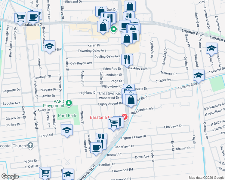 map of restaurants, bars, coffee shops, grocery stores, and more near 5037 Highland Drive in Marrero
