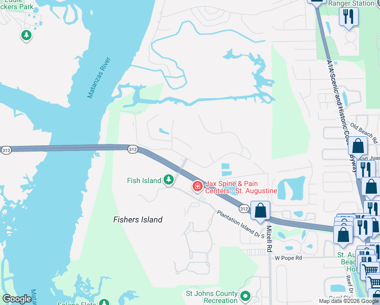 map of restaurants, bars, coffee shops, grocery stores, and more near 100 Marina Cove Drive in St. Augustine