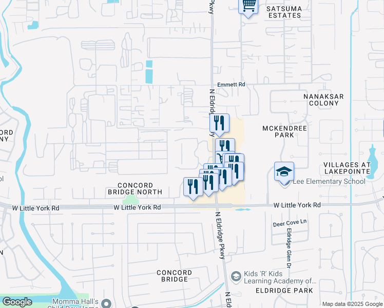 map of restaurants, bars, coffee shops, grocery stores, and more near 6401 North Eldridge Parkway in Houston