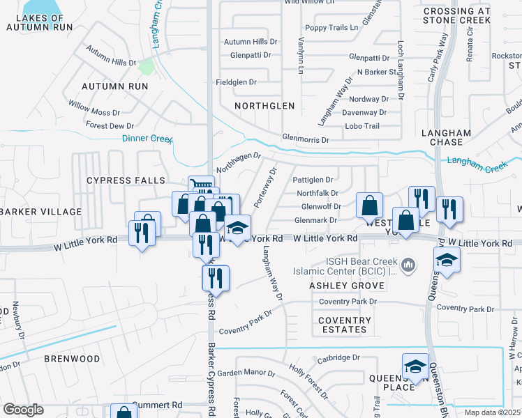 map of restaurants, bars, coffee shops, grocery stores, and more near 6316 Porterway Drive in Houston