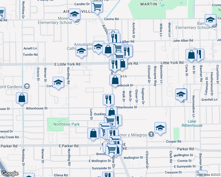 map of restaurants, bars, coffee shops, grocery stores, and more near 7213 Airline Drive in Houston