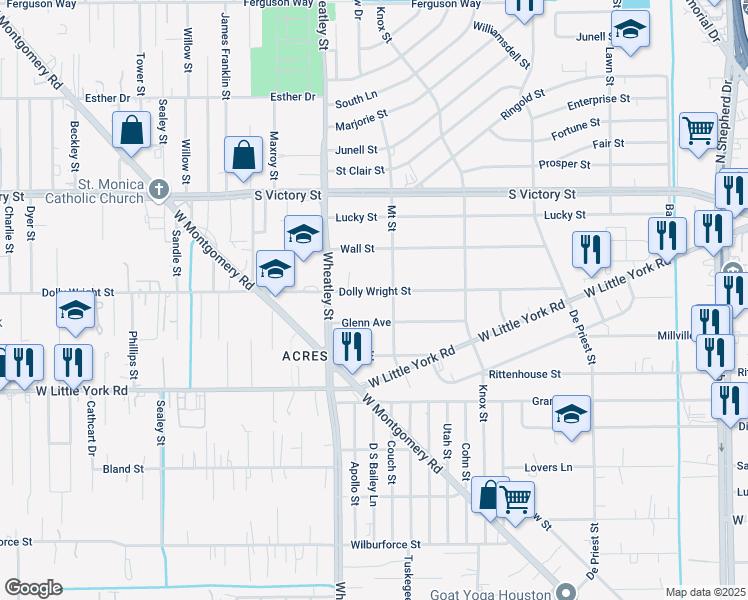 map of restaurants, bars, coffee shops, grocery stores, and more near 7309 Mount Street in Houston