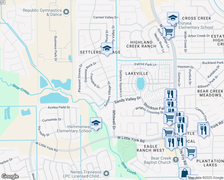map of restaurants, bars, coffee shops, grocery stores, and more near Rushville Court in Harris County