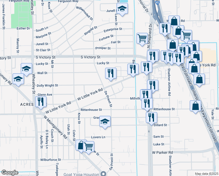 map of restaurants, bars, coffee shops, grocery stores, and more near 7315 Andy Drive in Houston