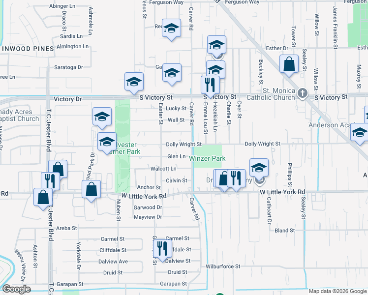 map of restaurants, bars, coffee shops, grocery stores, and more near 7300 Carver Road in Houston