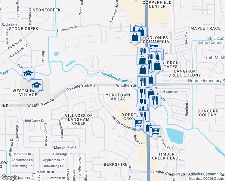 map of restaurants, bars, coffee shops, grocery stores, and more near 6138 Yorkglen Manor Lane in Houston